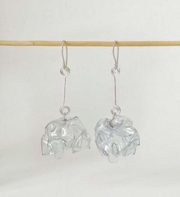 PET-plastic-bottle flower long silver earrings